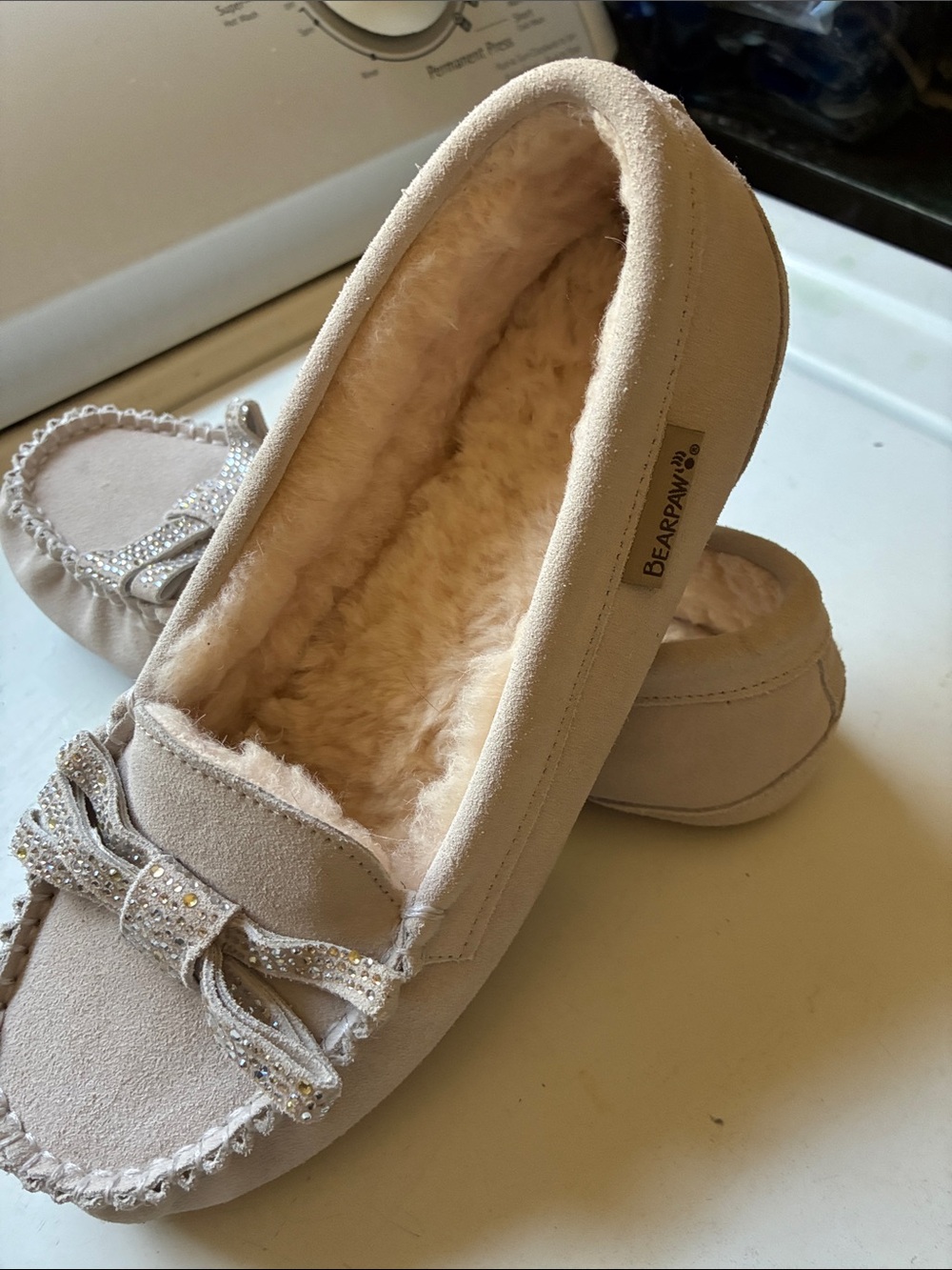 BearPaw Women's Cream Suede Fleece-Lined Moccasin Slippers with Bow